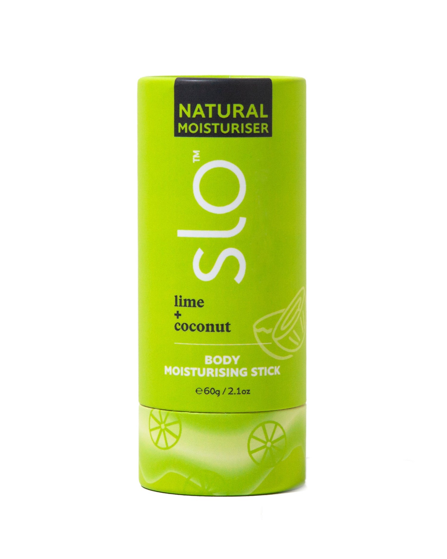 A green tube of SLO Natural Body Moisturizer with lime and coconut, indicating a lime green color and a tropical design with coconut images.