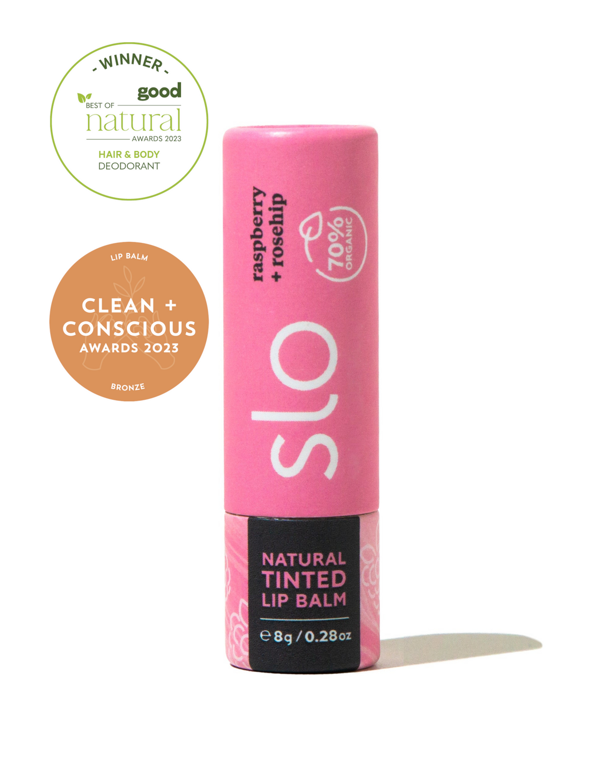 Slo Naturals Natural Tinted Lip Balm Raspberry + Rosehip – organic oils, petroleum-free, award winning, made in NZ