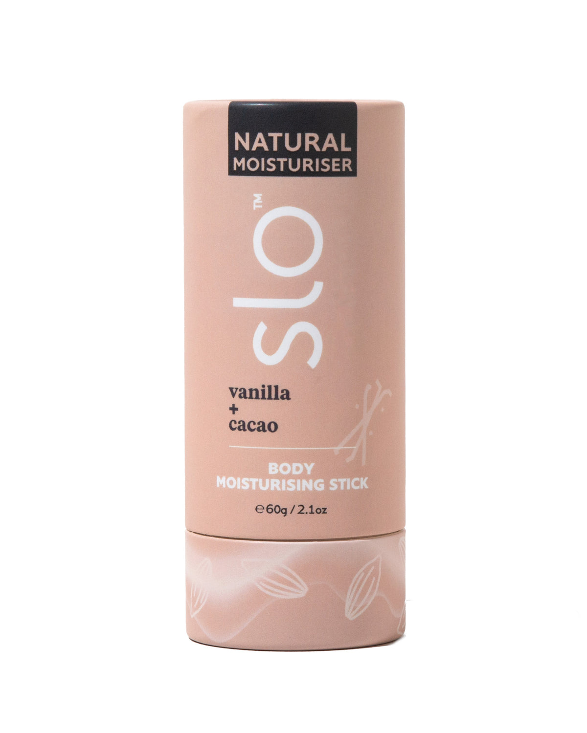 A tube of natural body moisturizer with vanilla and cacao. Slo naturals