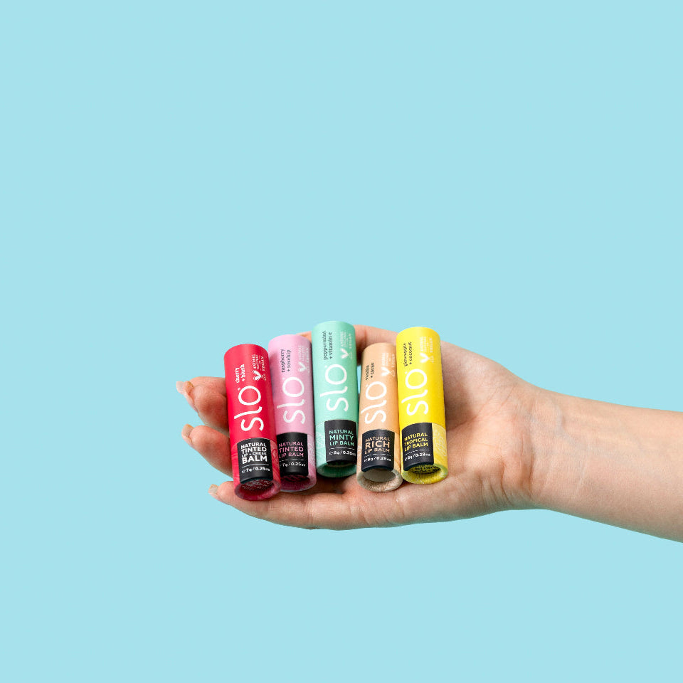 Five different flavours of lip balm Slo Naturals